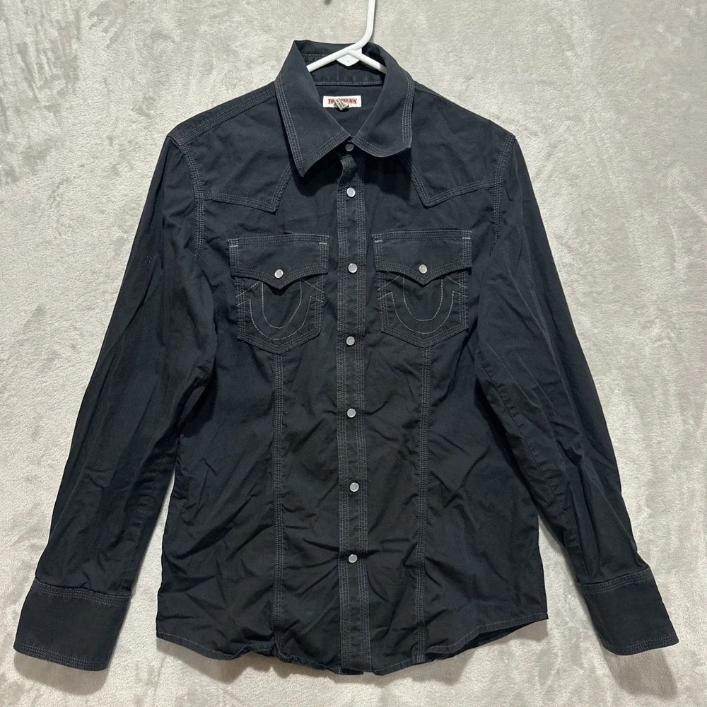 True Religion Men's Western  Long Sleeve Shirt Size S Black Button Pearl Snap